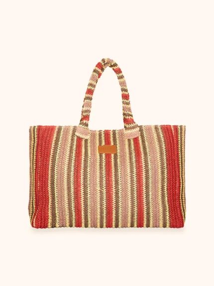 MAXI BORSA MARE ME FUI IN RAFIA DELLA COLLEZIONE ESTATE 2026 A RIGHE ROSSE, GIALLE, MARRONI E BEIGE