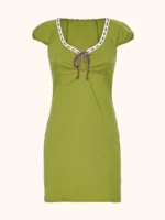 VESTITO DONNA ME FUI IN COTONE CORTO VERDE CON PASSAMANERIA E LACCIO LUREX VIOLA - immagine 4