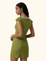VESTITO DONNA ME FUI IN COTONE CORTO VERDE CON PASSAMANERIA E LACCIO LUREX VIOLA - immagine 3