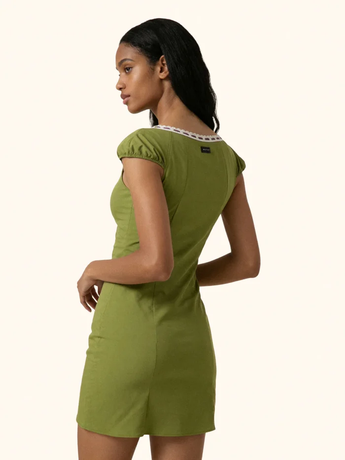 VESTITO DONNA ME FUI IN COTONE CORTO VERDE CON PASSAMANERIA E LACCIO LUREX VIOLA - immagine 3