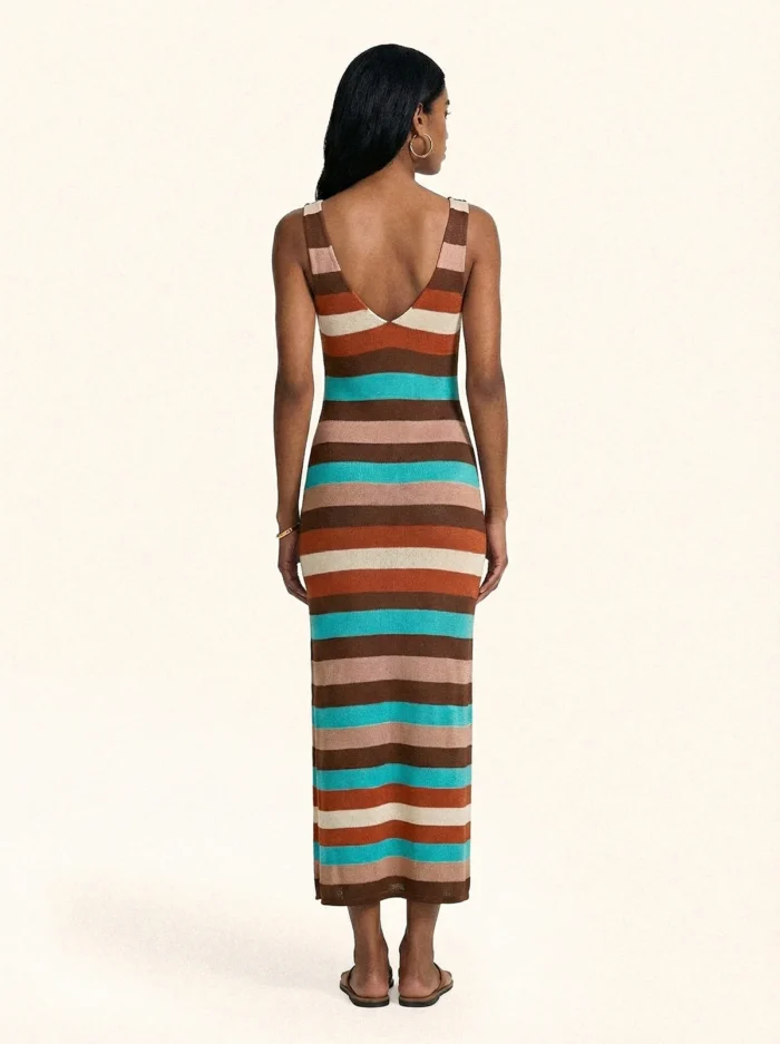 VESTITO DONNA LUNGO IN MAGLIA A RIGHE PANNA, MARRONE, COCCIO, BEIGE E AZZURRO - immagine 2