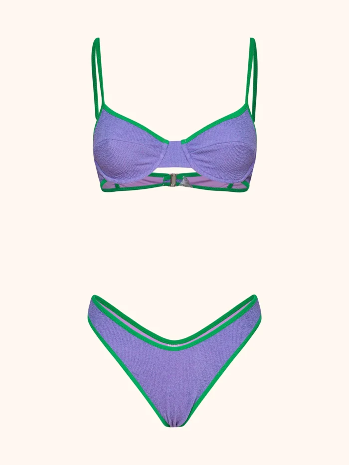 COSTUME DONNA ME FUI BALCONCINO CON FERRETTO, TESSUTO A COSTINE LILLA CON PRFILI VERDI - immagine 3