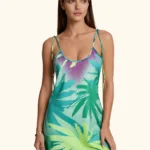 VESTITINO CORTO DONNA ME FUI DELLA COLLEZIONE ESTATE 2026. BRETELLINA REGOLABILE E SCOLLO SULLA SCHIENA. FANTASIA VERDE E AZZURRA