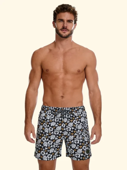 COSTUME UOMO EFFEK A PANTALONCINO DELLA COLLEZIONE ESTATE 2026. FANTASIA FIORI BEIGE SU BASE NERA