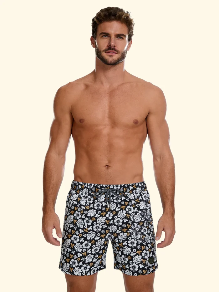 COSTUME UOMO EFFEK A PANTALONCINO DELLA COLLEZIONE ESTATE 2026. FANTASIA FIORI BEIGE SU BASE NERA