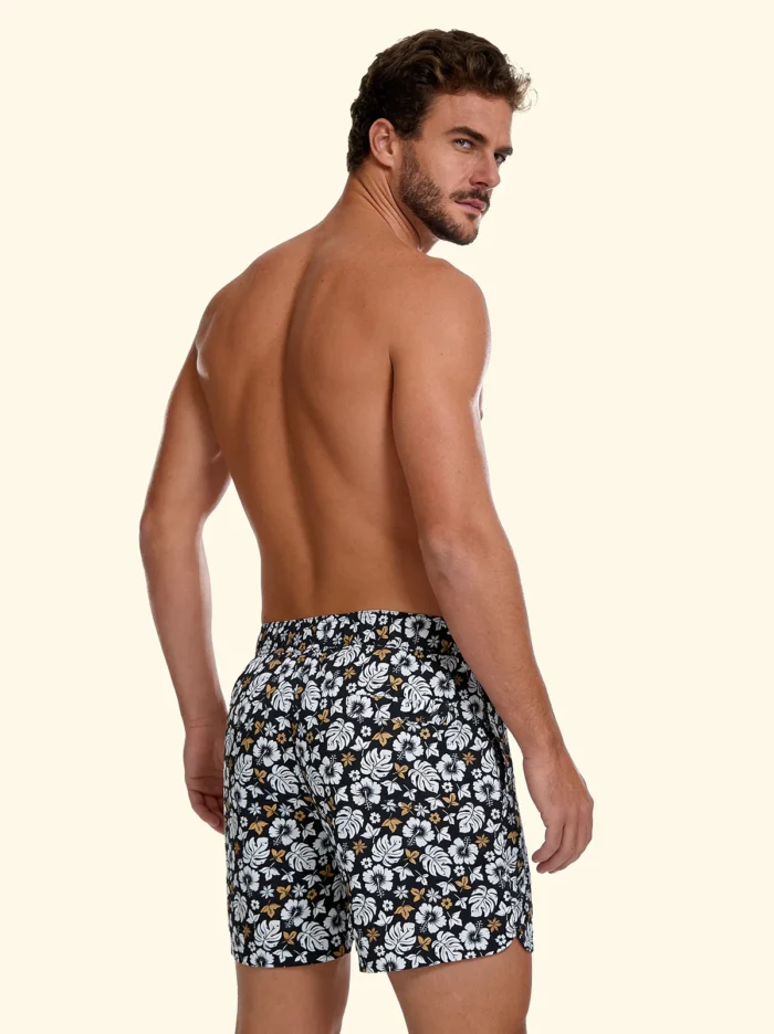 COSTUME UOMO EFFEK A PANTALONCINO FANTASIA FIORI BEIGE SU BASE NERA - immagine 2