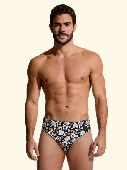 COSTUME UOMO EFFEK DELLA STAGIONE ESTATE 2026. SLIP A FANTASIA FIORI BEIGE SU BASE NERA