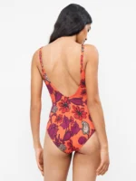 COSTUME DONNA GISELA INTERO CON FERRETTO ED INCROCIO SULLE COPPE FANTASIA BASE COLOR CORALLO E FIORI VIOLA - immagine 3