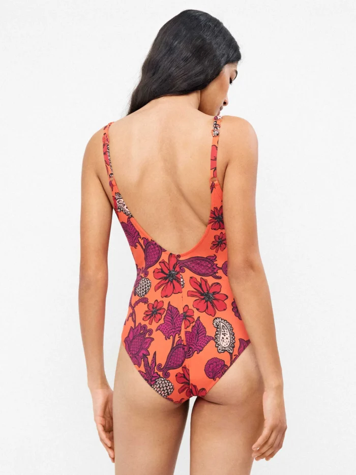 COSTUME DONNA GISELA INTERO CON FERRETTO ED INCROCIO SULLE COPPE FANTASIA BASE COLOR CORALLO E FIORI VIOLA - immagine 3