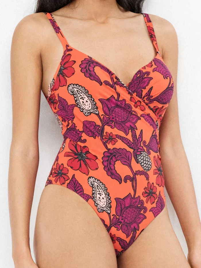 COSTUME DONNA GISELA INTERO CON FERRETTO BASE COLOR CORALLO CON FIORI VIOLA - immagine 3