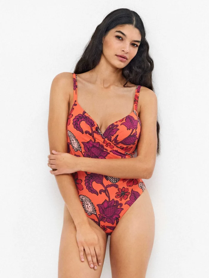 COSTUME DONNA GISELA INTERO CON FERRETTO ED INCROCIO SULLE COPPE FANTASIA BASE COLOR CORALLO E FIORI VIOLA - immagine 5