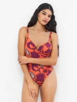 COSTUME DONNA GISELA INTERO CON FERRETTO BASE COLOR CORALLO CON FIORI VIOLA - immagine 4