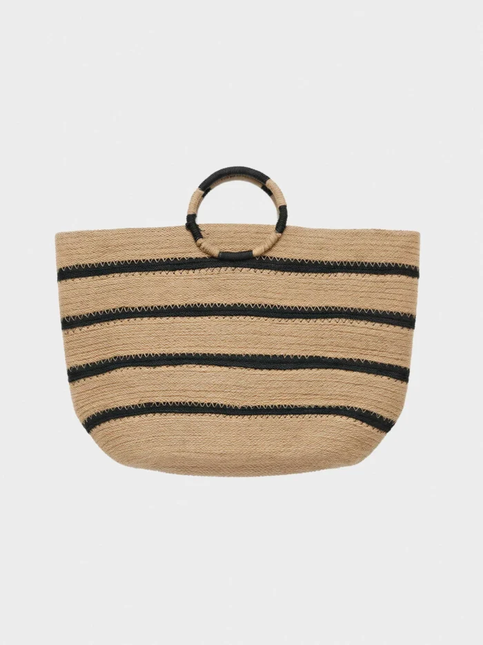 BORSA MARE DONNA GISELA IN 100% JIUTA A RIGHE NERE E NATURALE DELLA COLLEZIONE ESTATE 2026