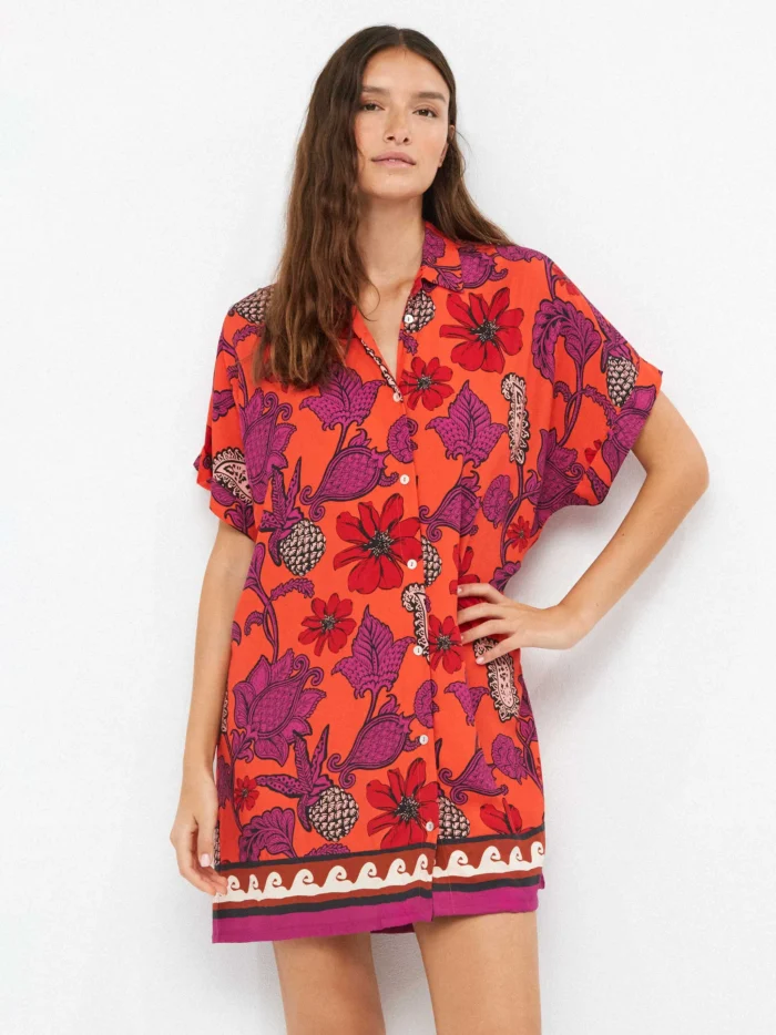 CAMICIONE DONNA GISELA IN 100% VISCOSA A FANTASIA BASE CORALLO E FIORI VIOLA - immagine 2