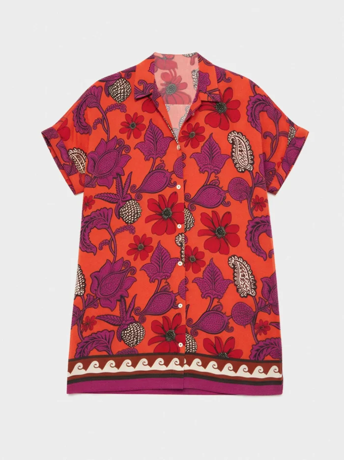 CAMICIONE DONNA GISELA IN 100% VISCOSA A FANTASIA BASE CORALLO E FIORI VIOLA - immagine 5