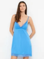 CAMICIA DA NOTTE GISELA SPALLINA FINA IN COTONE CON LEGGERO PIZZO TURCHESE - immagine 2