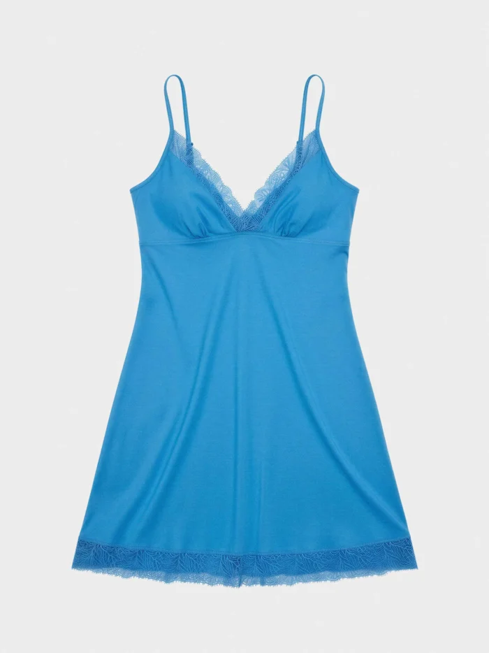 CAMICIA DA NOTTE GISELA SPALLINA FINA IN COTONE CON LEGGERO PIZZO TURCHESE - immagine 5