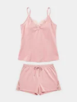 PIGIAMA DONNA GISELA SHORT E CANOTTA IN COTONE ROSA CON LEGGERO PIZZO - immagine 2