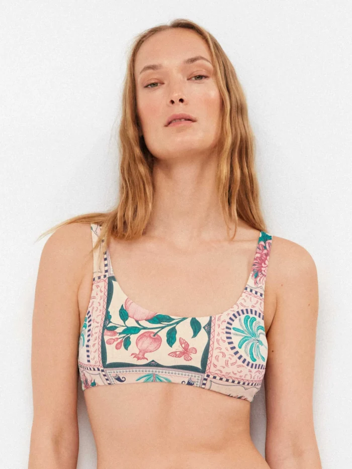 COSTUME DONNA GISELA TOP E SLIP FANTASIA FOGLIE VERSI SU BASE BOIANCA E ROSA - immagine 3