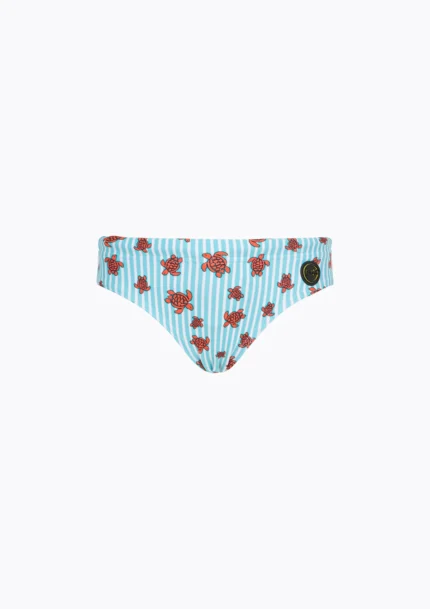 COSTUME BIMBO EFFEK A SLIP DELLA STAGIONE ESTATE 2026. FANTASIA A RIGHE BIANCHE E AZZURRE CON TARTARUGHE ROSSE