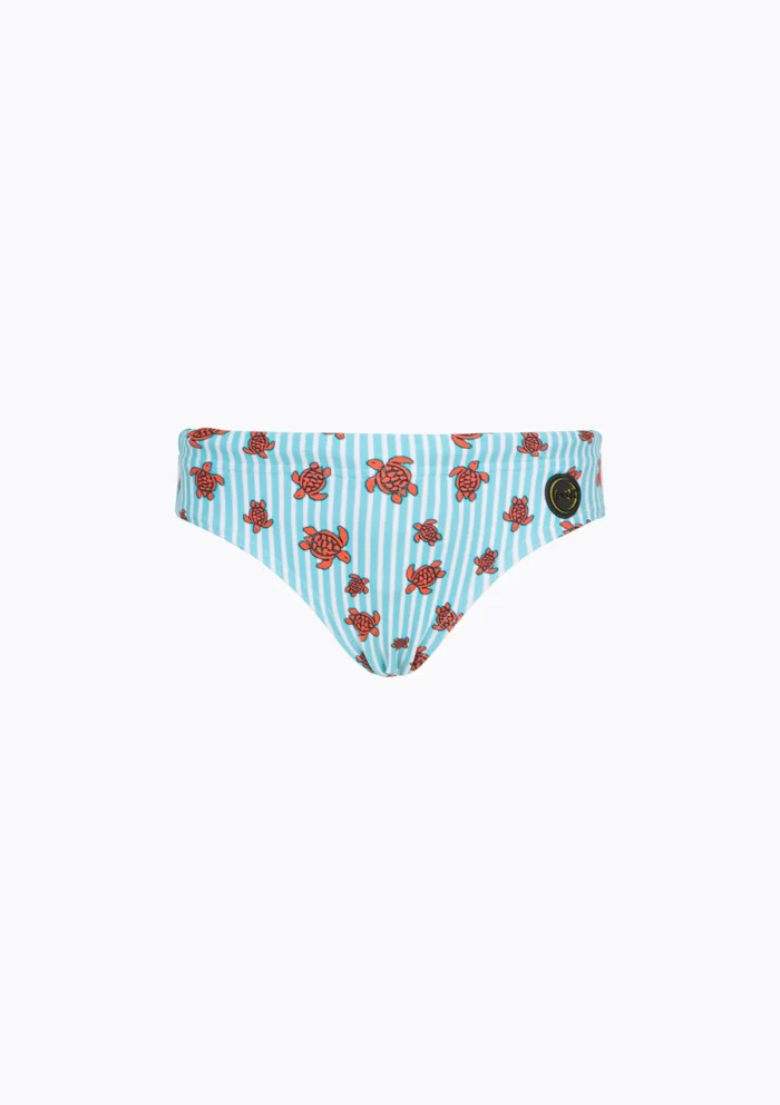 COSTUME BIMBO EFFEK A SLIP DELLA STAGIONE ESTATE 2026. FANTASIA A RIGHE BIANCHE E AZZURRE CON TARTARUGHE ROSSE