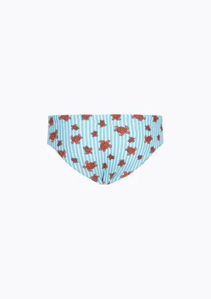 COSTUME BIMBO EFFEK A SLIP DELLA STAGIONE ESTATE 2026. FANTASIA A RIGHE BIANCHE E AZZURRE CON TARTARUGHE ROSSE