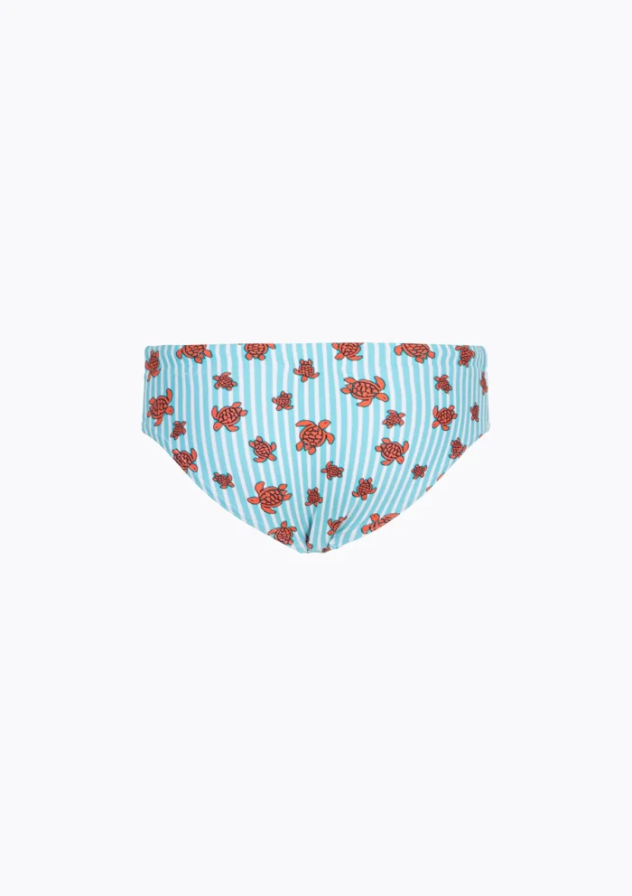 COSTUME BIMBO EFFEK A SLIP DELLA STAGIONE ESTATE 2026. FANTASIA A RIGHE BIANCHE E AZZURRE CON TARTARUGHE ROSSE