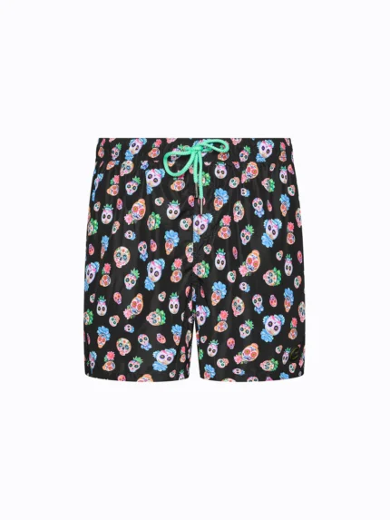 COSTUME BIMBO EFFEK A PANTALONCINO DELLA STAGIONE ESTATE 2026. FANTASIA BASE NERA CON TESCHI COLORATI