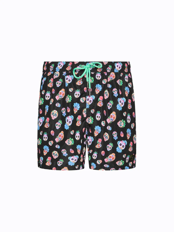 COSTUME BIMBO EFFEK A PANTALONCINO DELLA STAGIONE ESTATE 2026. FANTASIA BASE NERA CON TESCHI COLORATI