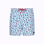 COSTUME BIMBO EFFEK A PANTALONCINO DELLA STAGIONE ESTATE 2026. FANTASIA A RIGHINE BIANCHE E AZZURRE CON TARTARUGHE ROSSE