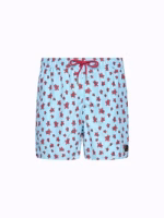 COSTUME BIMBO EFFEK A PANTALONCINO DELLA STAGIONE ESTATE 2026. FANTASIA A RIGHINE BIANCHE E AZZURRE CON TARTARUGHE ROSSE