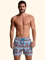 COSTUME UOMO EFFEK DELLA STAGIONE ESTATE 2026. PANTALONCINO FANTASIA DAI COLORI TURCHESE, PANNA NERO E COCCIO