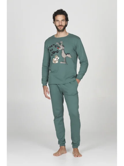 PIGIAMA UOMO HAPPY PEOPLE IN CALDO COTONE DELLA COLLEZIONE INVERNO 2026. COLORE VERDE "ATTENTI AL LUPO"