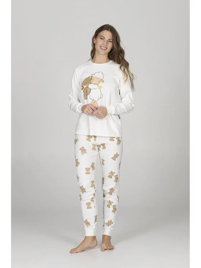 PIGIAMA DONNA HAPPY PEOPLE BIANCO CON PANTALONE CON GHIANDE "SE MI CERCHI SONO A LETTO CON L'ORSETTO" - immagine 2
