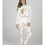 PIGIAMA DONNA HAPPY PEOPLE IN CALDO COTONE STAGIONE INVERNO 2026 BIANCO CON PANTALONI CON STAMPA DI GHIANDE "SE MI CERCHI SONO A LETTO CON L'ORSETTO"