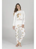 PIGIAMA DONNA HAPPY PEOPLE IN CALDO COTONE STAGIONE INVERNO 2026 BIANCO CON PANTALONI CON STAMPA DI GHIANDE "SE MI CERCHI SONO A LETTO CON L'ORSETTO"