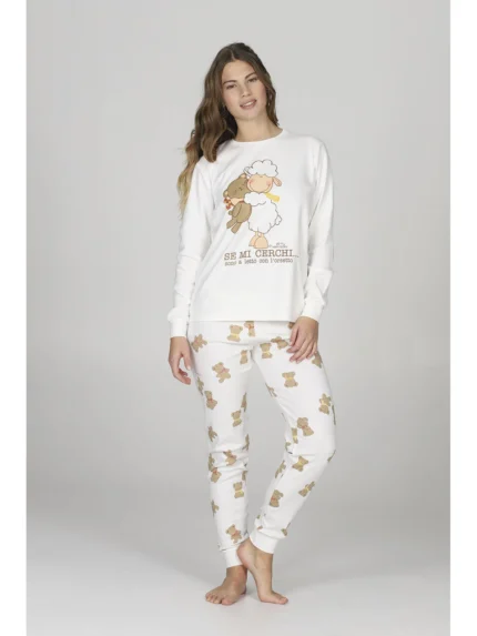 PIGIAMA DONNA HAPPY PEOPLE IN CALDO COTONE STAGIONE INVERNO 2026 BIANCO CON PANTALONI CON STAMPA DI GHIANDE "SE MI CERCHI SONO A LETTO CON L'ORSETTO"