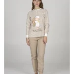 PIGIAMA DONNA HAPPY PEOPLE IN CALDO COTONE STAGIONE INVERNO 2026 A RIGHINE BEIGE E PANNA CON PANTALONE BEIGE "SE MI CERCHI SONO A LETTO CON L'ORSETTO"
