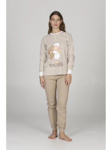 PIGIAMA DONNA HAPPY PEOPLE IN CALDO COTONE STAGIONE INVERNO 2026 A RIGHINE BEIGE E PANNA CON PANTALONE BEIGE "SE MI CERCHI SONO A LETTO CON L'ORSETTO"