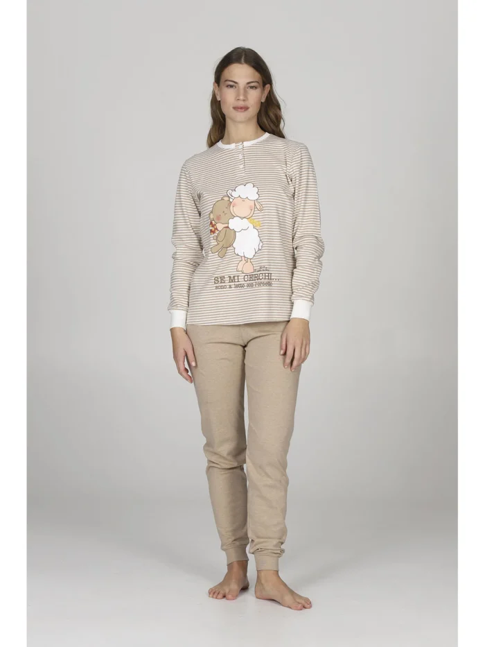 PIGIAMA DONNA HAPPY PEOPLE IN CALDO COTONE STAGIONE INVERNO 2026 A RIGHINE BEIGE E PANNA CON PANTALONE BEIGE "SE MI CERCHI SONO A LETTO CON L'ORSETTO"