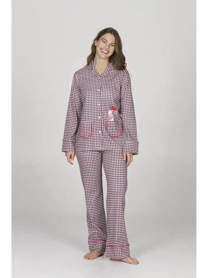 PIGIAMA DONNA HAPPY PEOPLE APERTO A SCACCHETTI VIOLA E BIANCHI - immagine 2