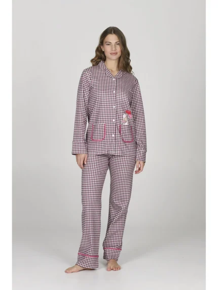 PIGIAMA DONNA HAPPY PEOPLE IN CALDO COTONE STAGIONE INVERNO 2026 APERTO A SCACCHETTI BIANCHI E VIOLA