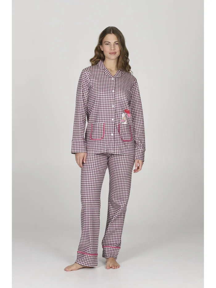 PIGIAMA DONNA HAPPY PEOPLE IN CALDO COTONE STAGIONE INVERNO 2026 APERTO A SCACCHETTI BIANCHI E VIOLA