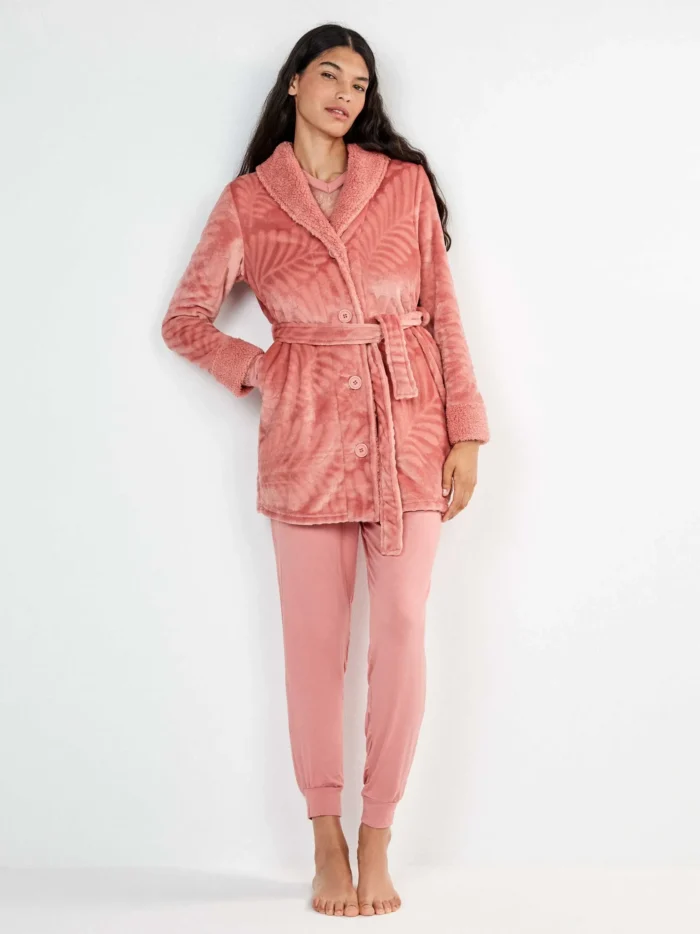 VESTAGLIA DONNA GISELA IN CORAL ROSA CON BOTTONI E CINTURA - immagine 2