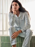 PIGIAMA DONNA GISELA APERTO CON PANTALONE LARGO A RIGHE AZZURRE IN COTONE ELASTICIZZATO - immagine 2