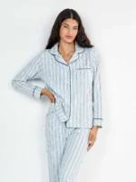 PIGIAMA DONNA GISELA APERTO CON PANTALONE LARGO A RIGHE AZZURRE IN COTONE ELASTICIZZATO - immagine 3