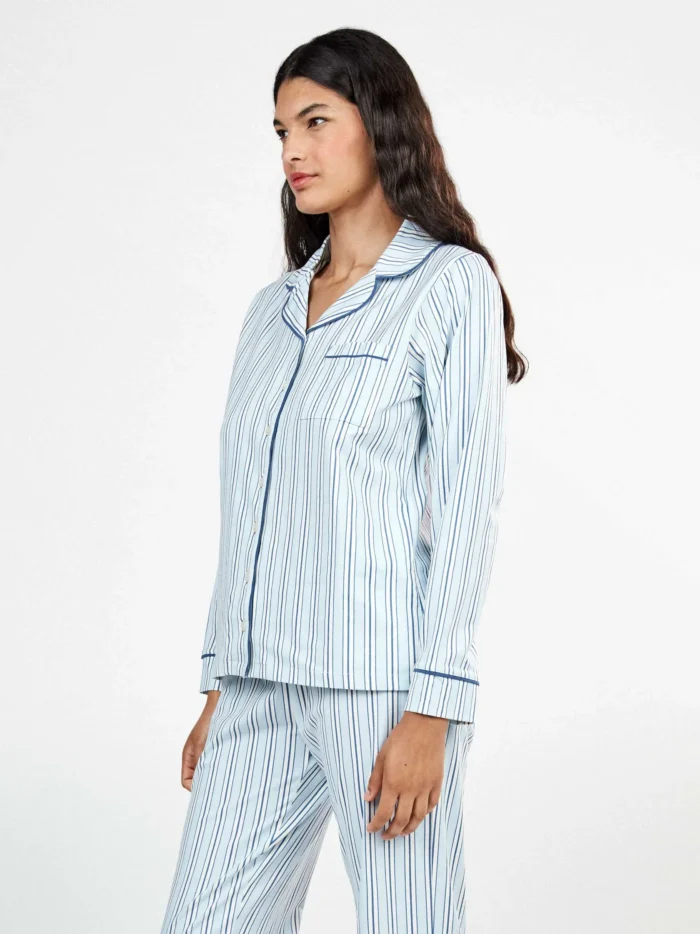 PIGIAMA DONNA GISELA APERTO CON PANTALONE LARGO A RIGHE AZZURRE IN COTONE ELASTICIZZATO - immagine 4
