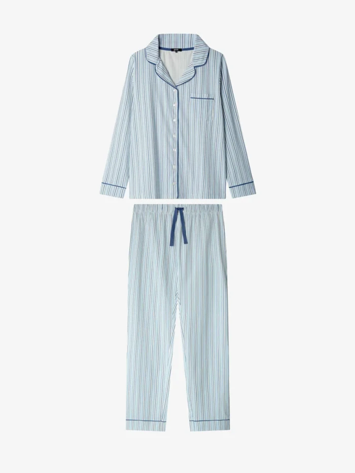 PIGIAMA DONNA GISELA APERTO CON PANTALONE LARGO A RIGHE AZZURRE IN COTONE ELASTICIZZATO - immagine 6