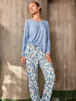 PIGIAMA DONNA GISELA IN LEGGERO CORAL AZZURRO E PANTALONE E FANTASIA - immagine 2