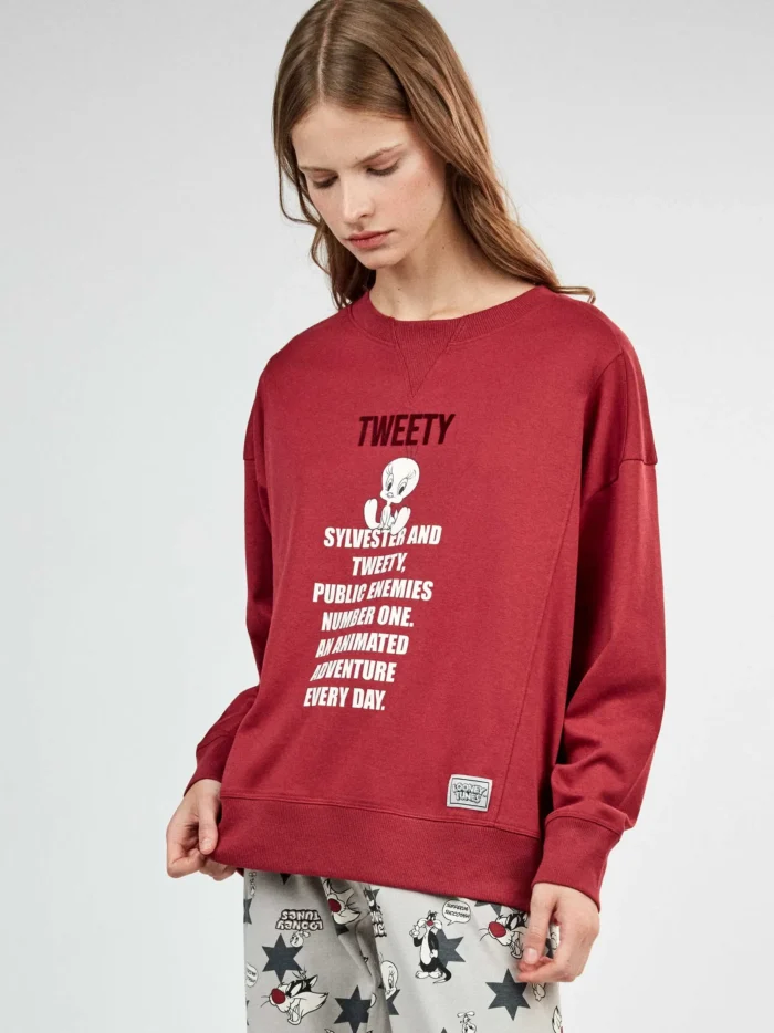 PIGIAMA DONNA GISELA TWEETY IN COTONE MAGLIA ROSSA E PANTALONE GRIGIO - immagine 2